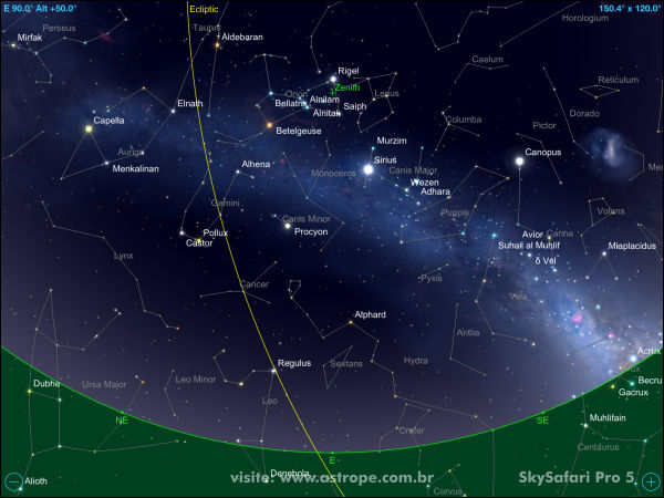 Constelações em destaque nas noites de fevereiro de 2022. Crédito: SkySafari Pro 5.
