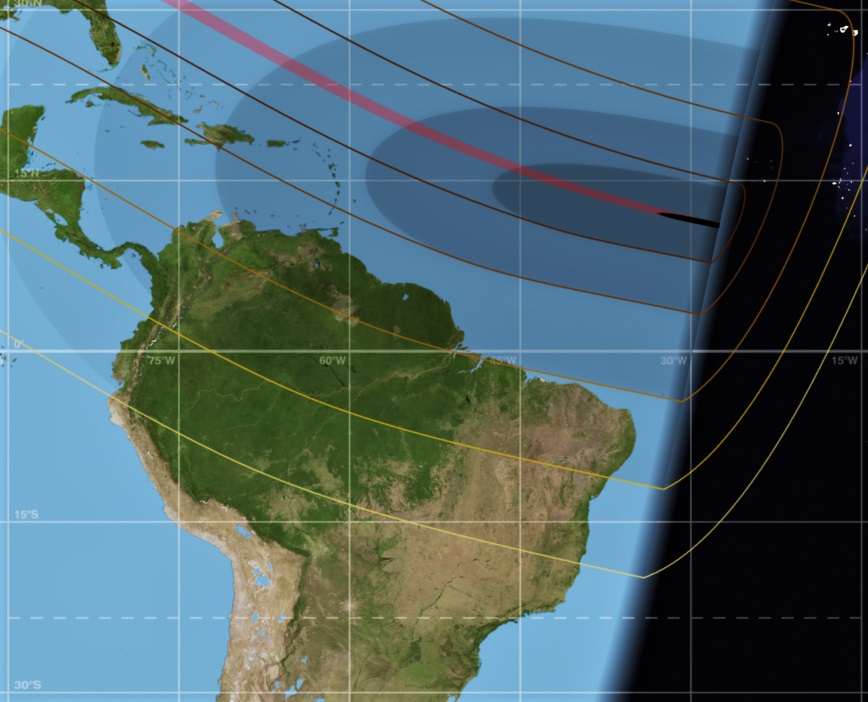 Visibilidade do eclipse solar parcial de 21-08-2017 no Brasil. O fenômeno varia entre 41% de parcialidade em Macapá-AP, na Região Norte do país. E apenas 0,5% em Goiânia-GO, na Região Centro-Oeste.
