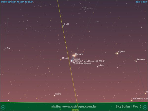 Mercúrio em conjunção com a estrela Regulus em 4 de agosto de 2022. Crédito: SkySafari Pro 5.