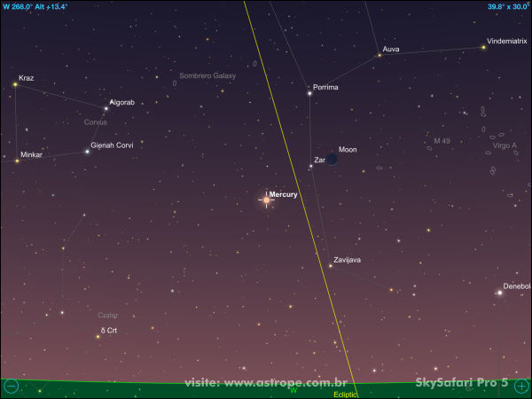 Mercúrio em conjunção com a fina Lua Crescente em 29 de agosto de 2022. Crédito: SkySafari Pro 5.
