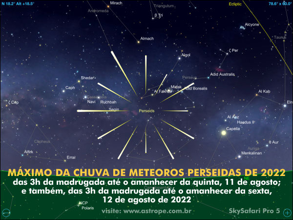Máximo da Chuva de Meteoros Perseidas - 11 e 12 de agosto de 2022. Crédito: SkySafari Pro 5.