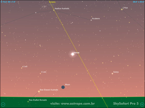 Vênus em conjunção com a fina Lua Minguante em 26 de agosto de 2022. Crédito: SkySafari Pro 5.