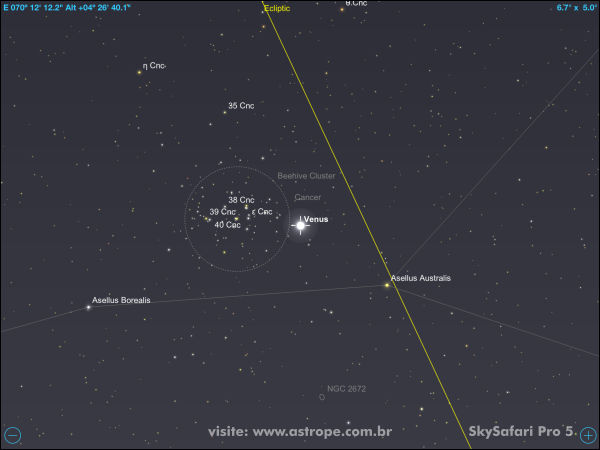 Vênus em conjunção com o aglomerado M44 em 18 de agosto de 2022. Crédito: SkySafari Pro 5.
